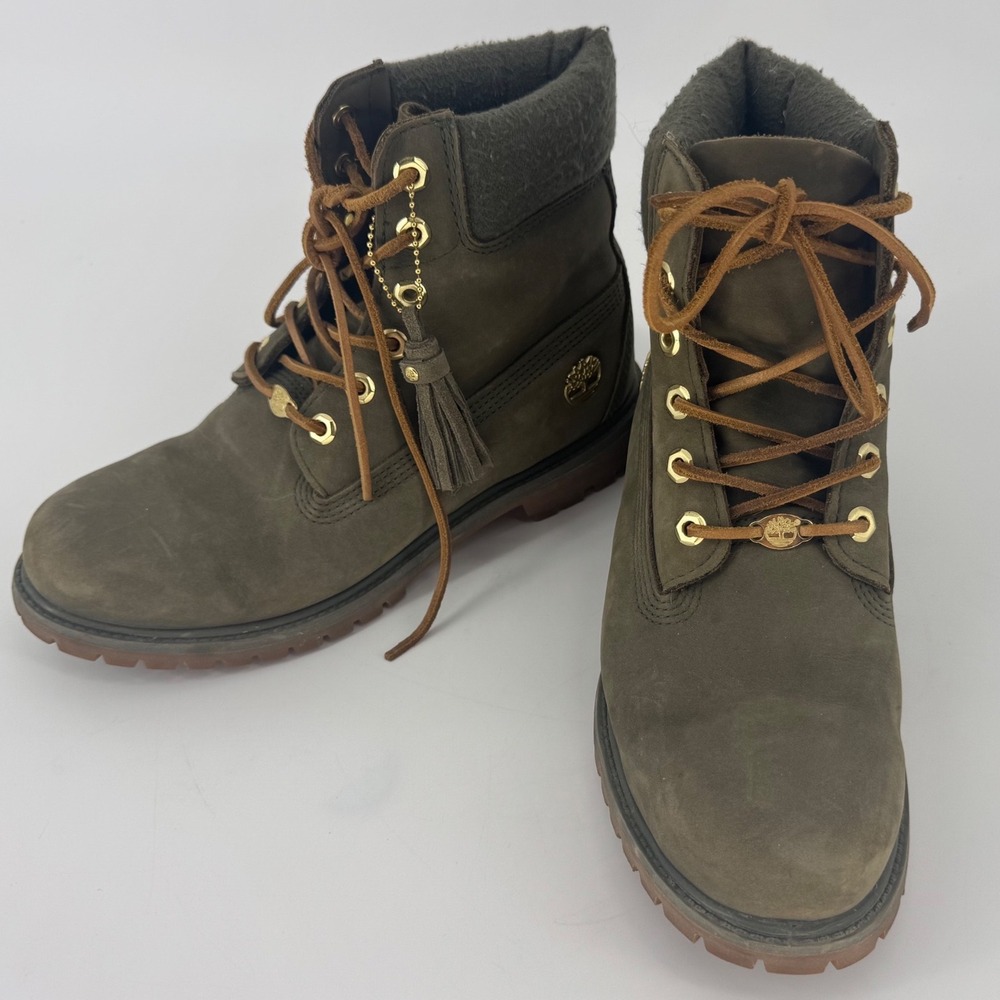 Timberland 6-Inch Premium Women 10 Olive Green Gold Hardware Felt Tassel A1UWQ
